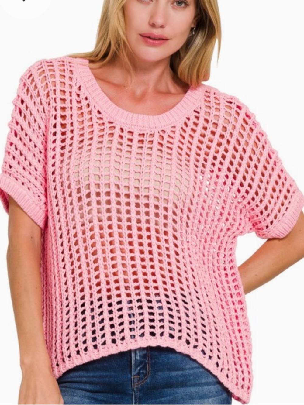 S123 Zenana Cotton Fish Net Short Sleeve Oversize Boho Crochet Sweater